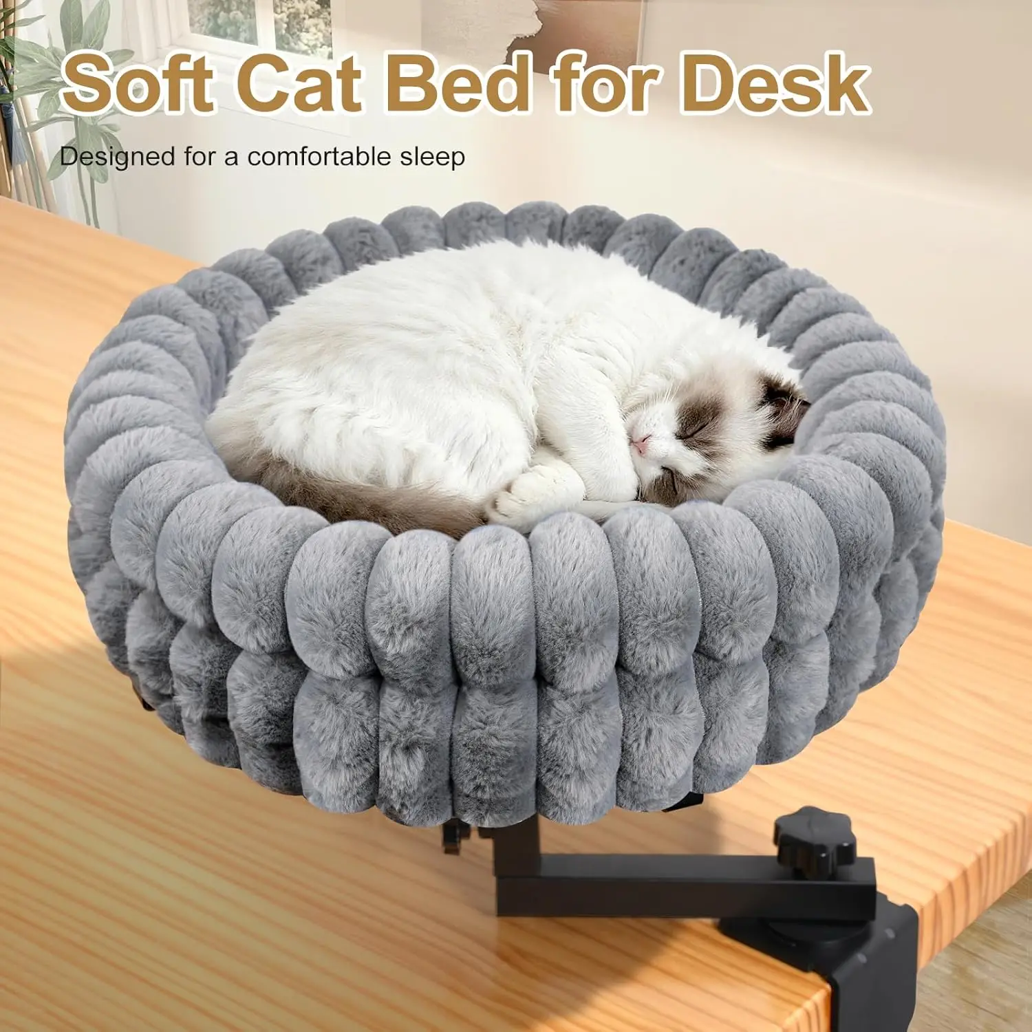 Cat Bed for Desk, 360° Rotating, Height Adjustable, Soft Faux Fur, Removable Washable Cover, Supports 50 Lbs