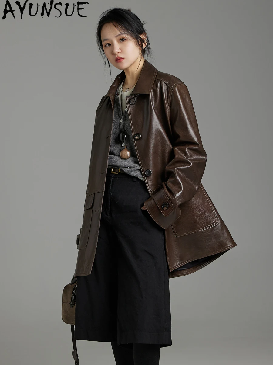 AYUNSUE Wysokiej Jakości Kurtka Damska z Prawdziwej Skóry Owczej 2025 Płaszcze Damskie Wiosenne Jesienne Ubrania Płaszcz Trencz Średniej Długości