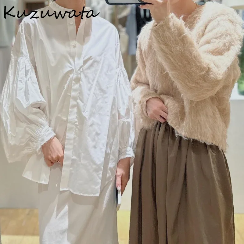 Kuzuwata Stand Collar Lantern Sleeve Solid Blouses Casual Simple Single Breasted Blusas Japan Early Autumn Loose Fresh Shirts