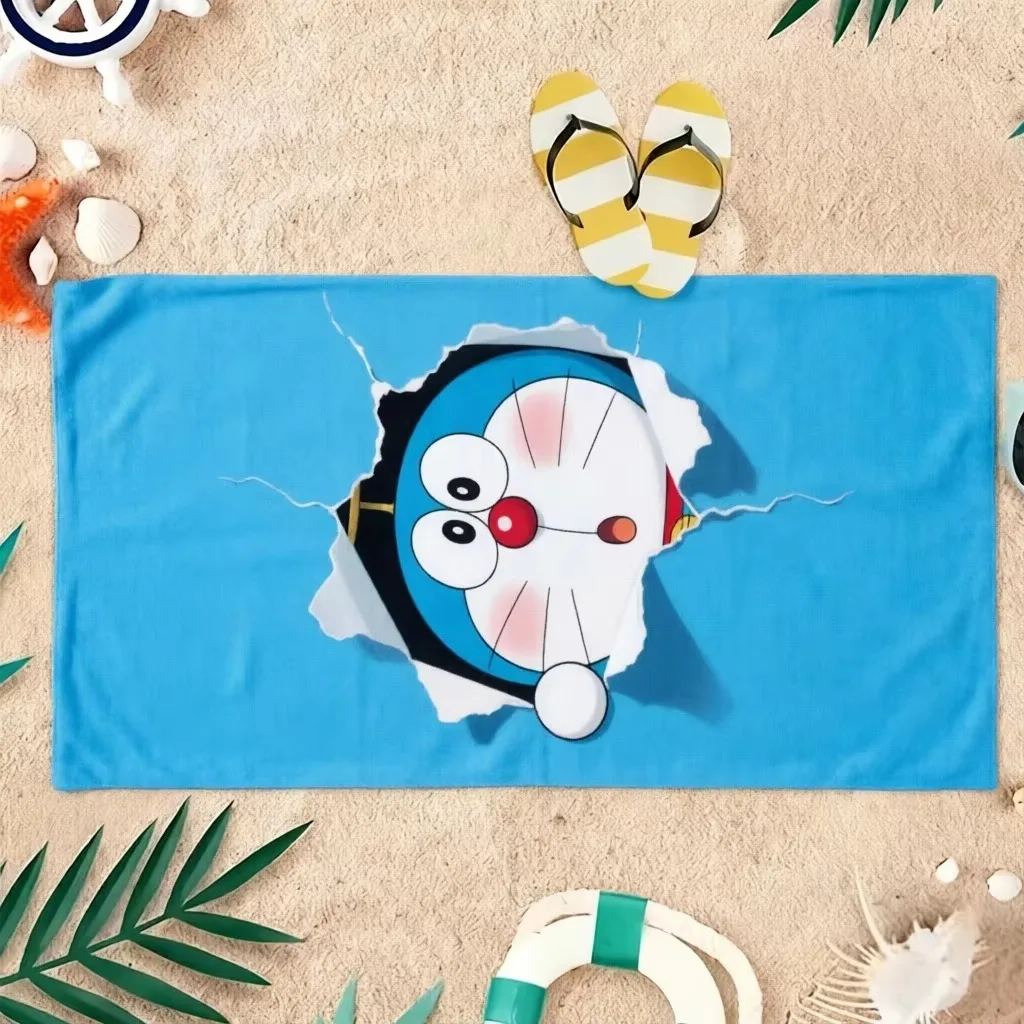 Doraemon Blue Solid Background Peeking Print Beach Towel Microfiber Quick Dry Sand Free Robot Cat Kids Anime Lovers view 2