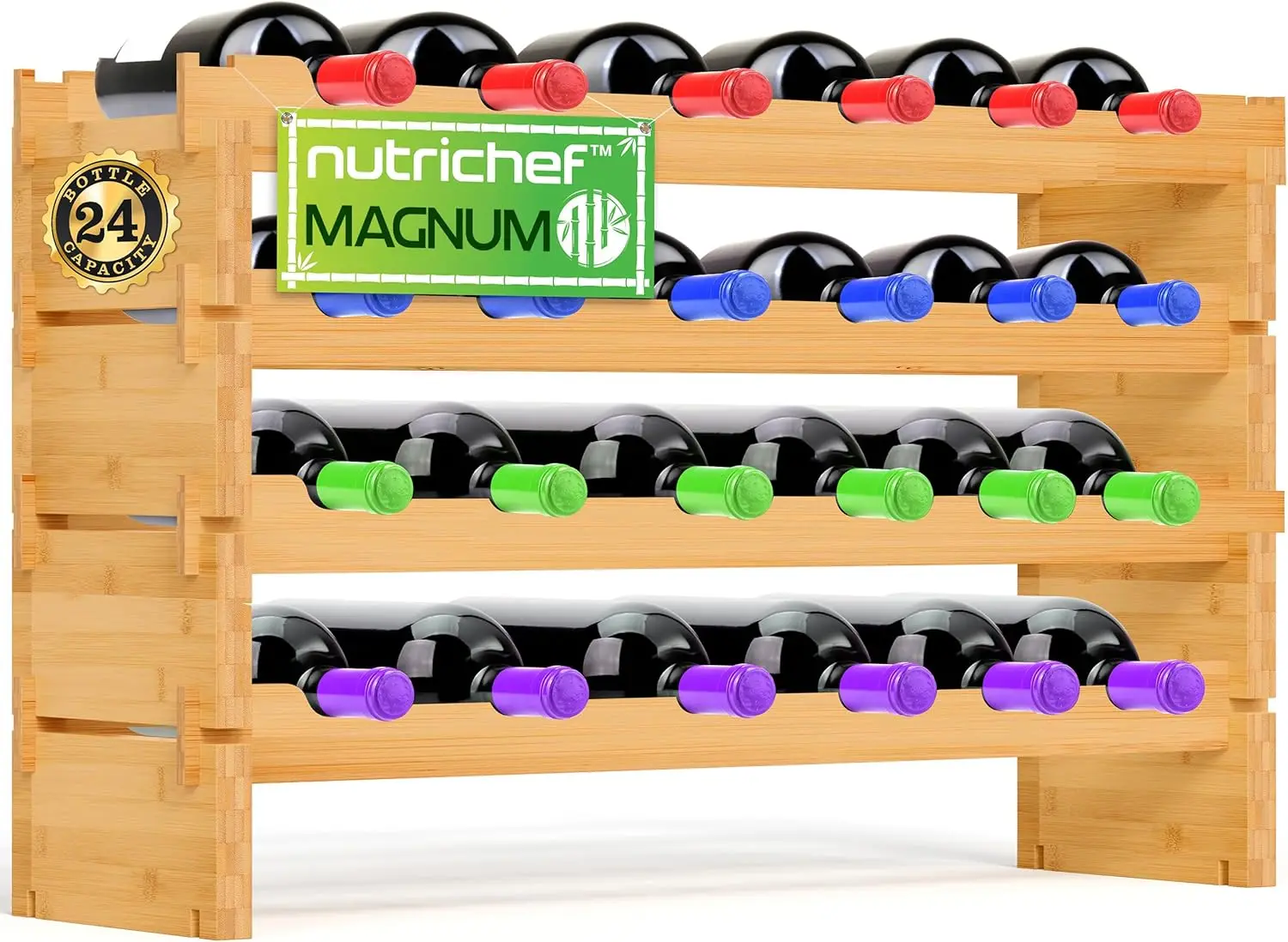 

Stackable Bamboo Wine Rack for 24 Oversize Bottles, 4-Tier Modular Storage, Sturdy Wobble-Free Design