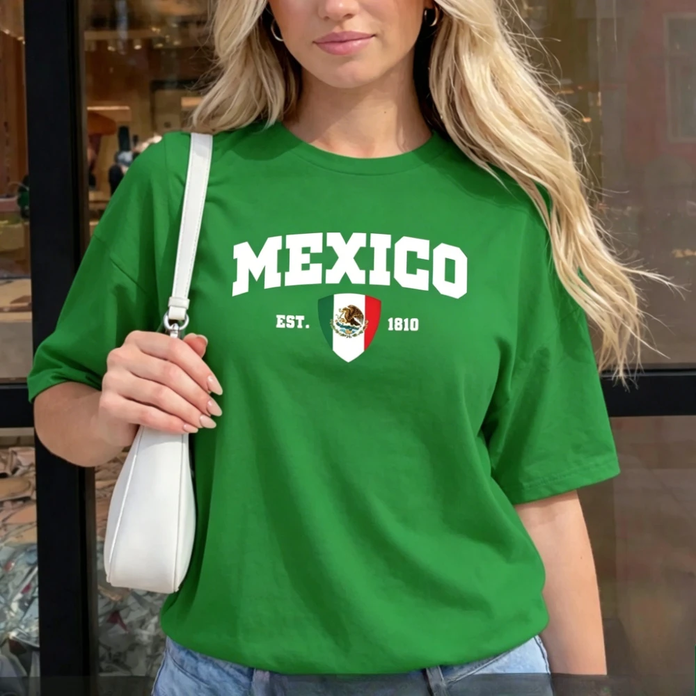 Mexico EST 1810 Graphic TShirt Women Cotton Short Sleeve Varsity College Style Mexican Flag Tee Mexican Pride Casual Daily Tops