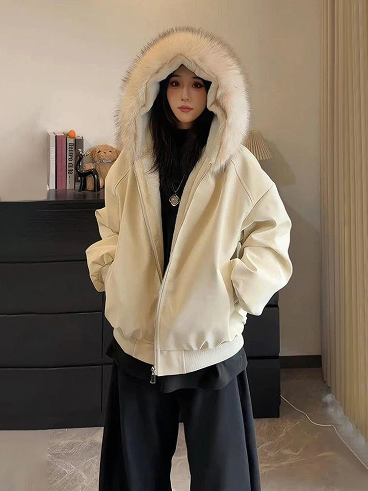 

Thiened Winter Cotton Jaet Men Women Warm PU Leather Hooded Coat with Big Fur Collar Korean Sle Long Sve Zipper Closure