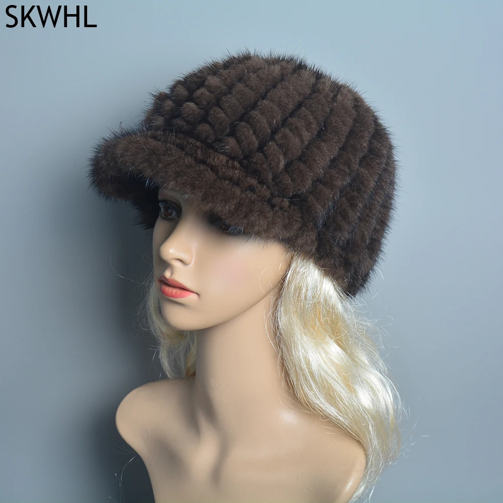 New Russia Lady Winter Hand Knitted Real Mink Fur Hat Natural Warm Mink Fur Visors Cap Women Fashion 100% Genuine Mink Fur Hats