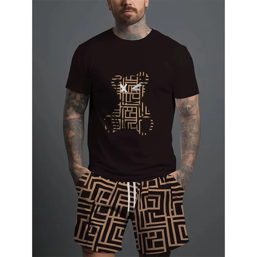 T-shirt ort Sve con stampa orso 3D da uomo Set Cross Border Sle Abbigliamento casual estivo Colletto in materiale sottile Vestibilità comoda