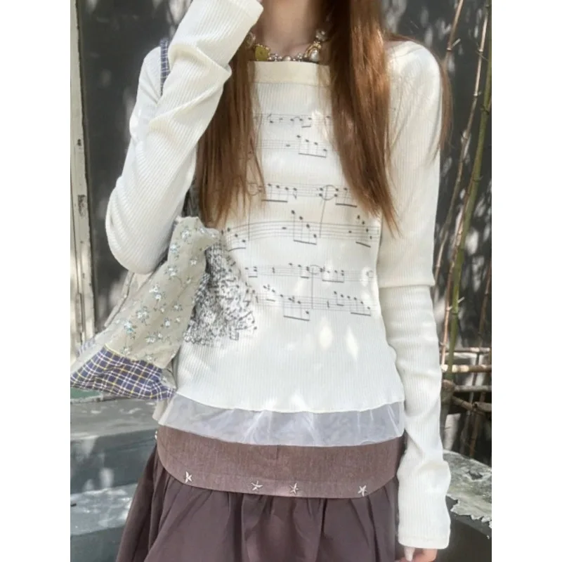 Grunge Aesthetics Knitted Tops Vintage Korean Retro Music Print Screw Thread T-Shirt Streetwear Tee Shirt