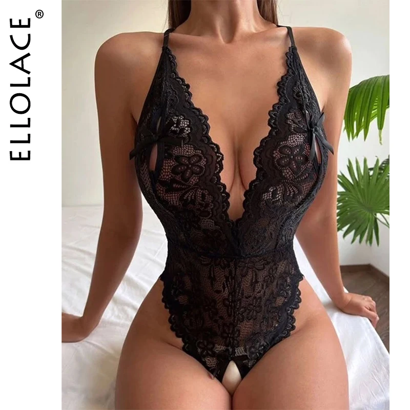 

Ellolace Willowy Sexy Lingerie Porno Deep V Crotchless Bodysuit with Heart Rhinestone Romantic Solid Hollow Wireless Sleepwear