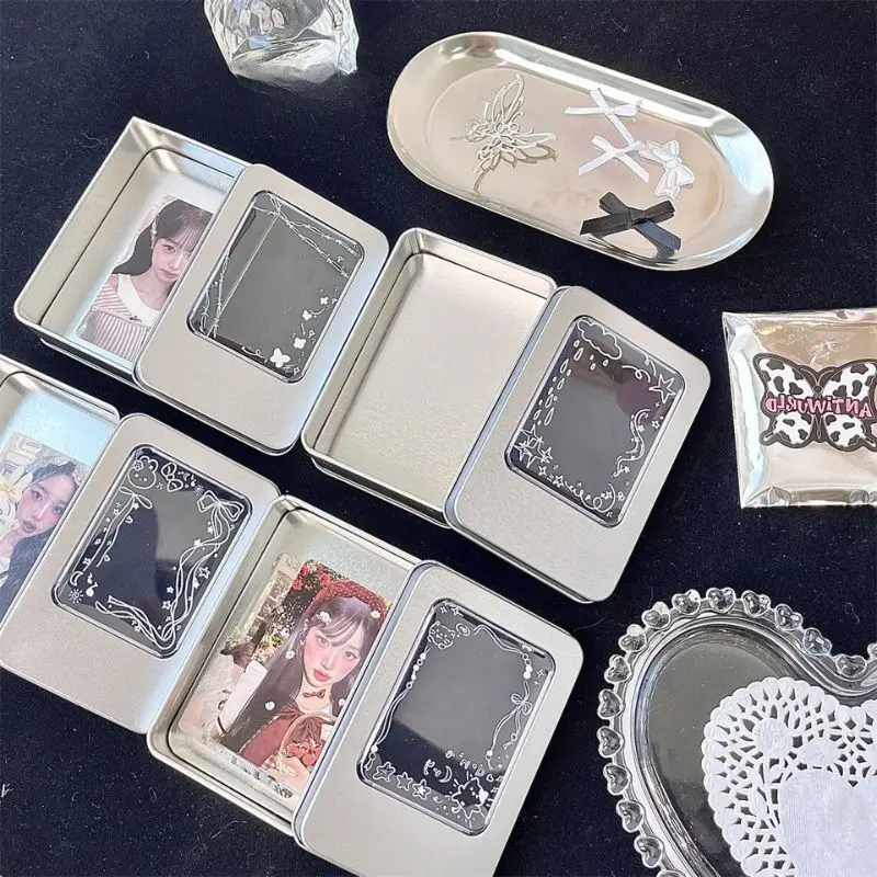 

Cartoon Storage Box Ins Metal Transparent Rectangular Empty Tin Box Idol Photocards Holder Organizer Sticker Storage Stationery