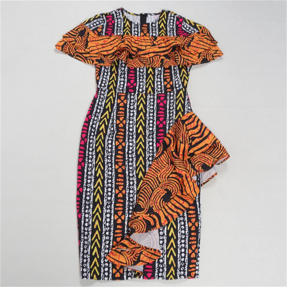 Slergiri Women's Ethnic Style Print Back Split Dress 2025 Summer O-Neck High Waist Boho Ruffle Trim Bodycon Midi Dresses