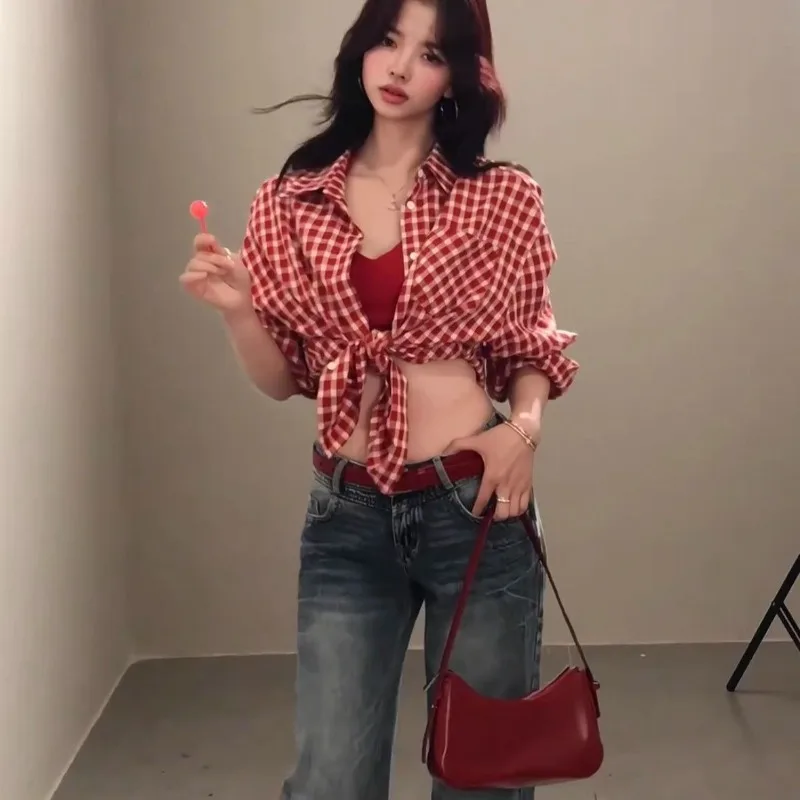 Deeptown Vintage Red Plaid Women Shirts Harajuku Pocket Long Sleeve Korean Fashion Oversized Blouses Casual Commute Sunscreen