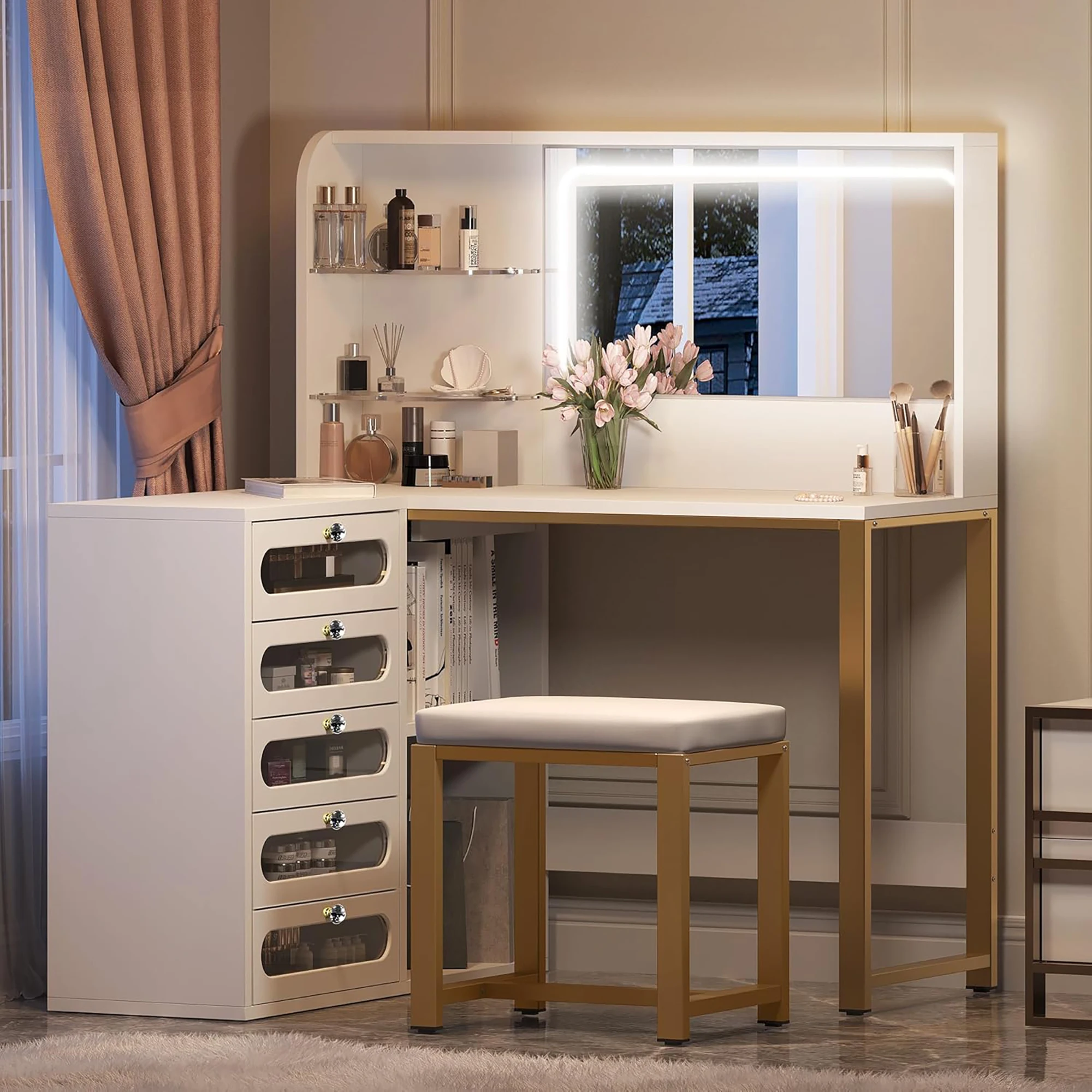 Rosahqnda LED-Beleuchtung Schminktisch mit einstellbarer Helligkeit Schminktisch mit Spiegel Kosmetiktisch mit Schubladen – Detail 30