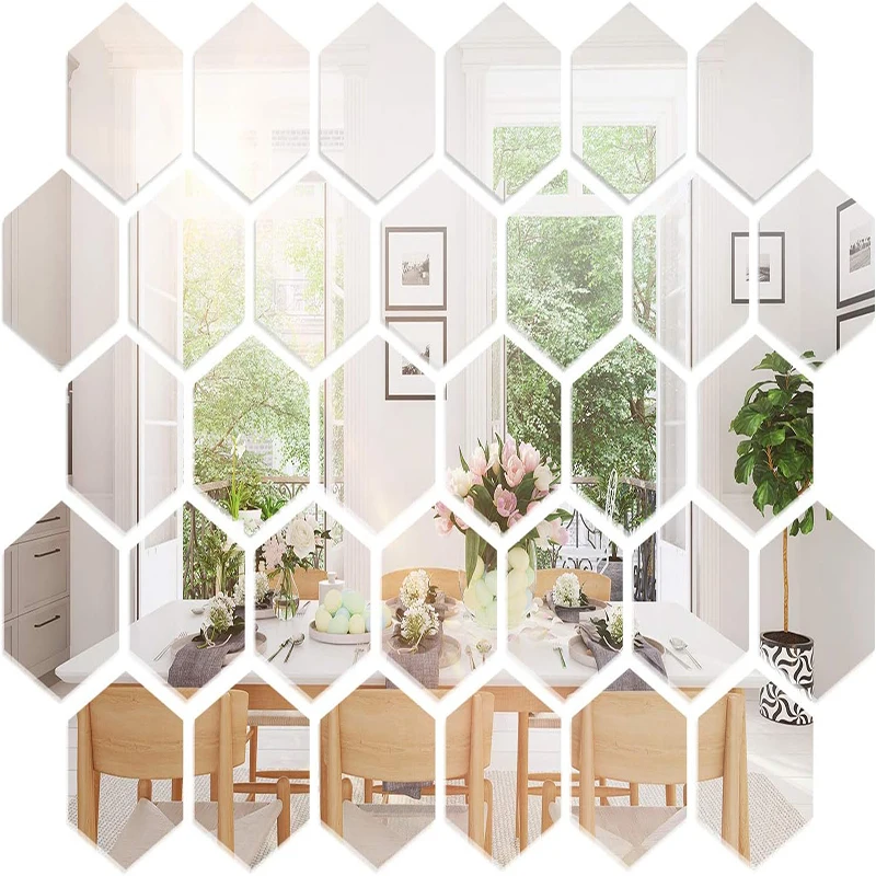 48/6PCS 3D Mirror Wall Sticker Hexagon Acrylic Self Adhesive Mosaic Tile Decals Removable Wall Sticker DIY Home Decor Art Mirror