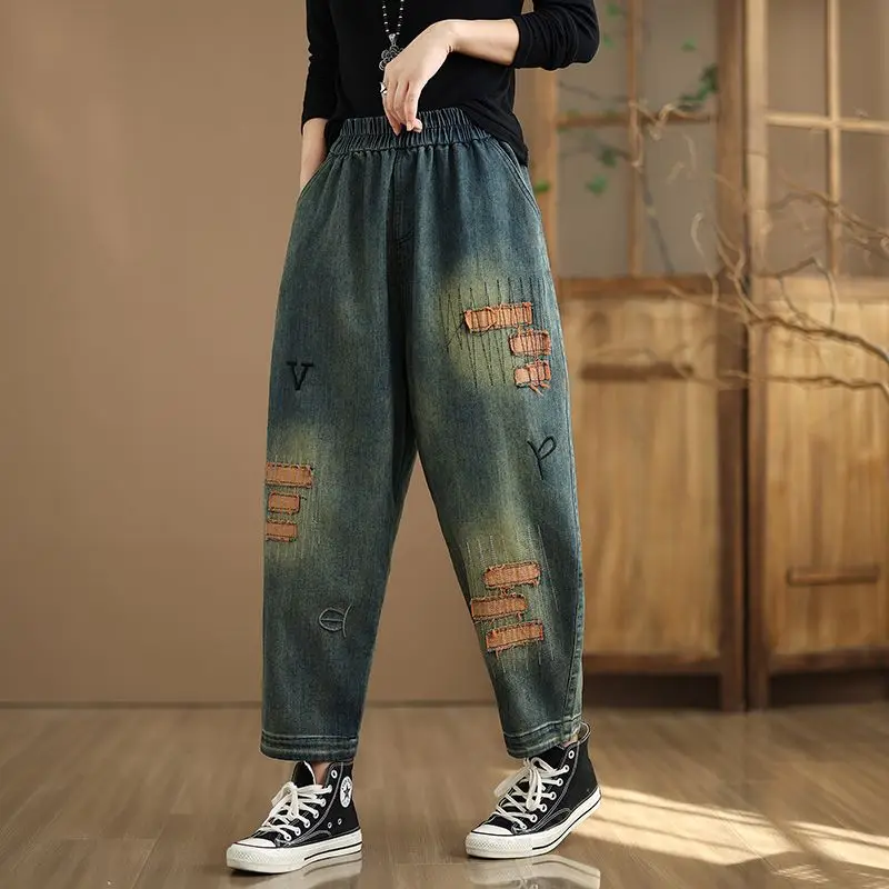 Aricaca High Quality Women Retro Patch Designs Loose Jeans Boyfriend Style Casual Denim Harem Pants