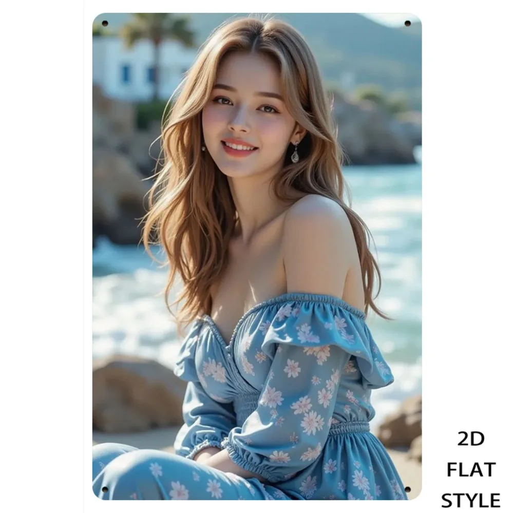 

JIT 2D Retro Iron Sign: Blue Dress Girl by the Sea Metal Art Print (8x12in) Nordic Wall Decor.