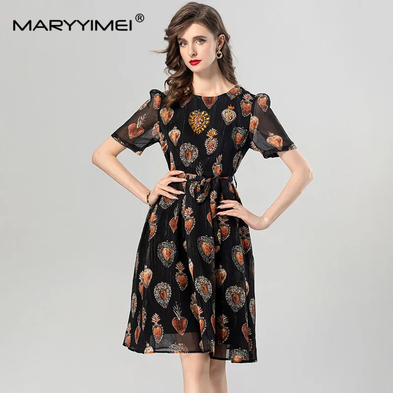 MARYYIMEI Zomer damesjurk met korte mouwen Mode Kristallen pailletten Ontwerp Vintage print Casual vakantie baljurkjurken