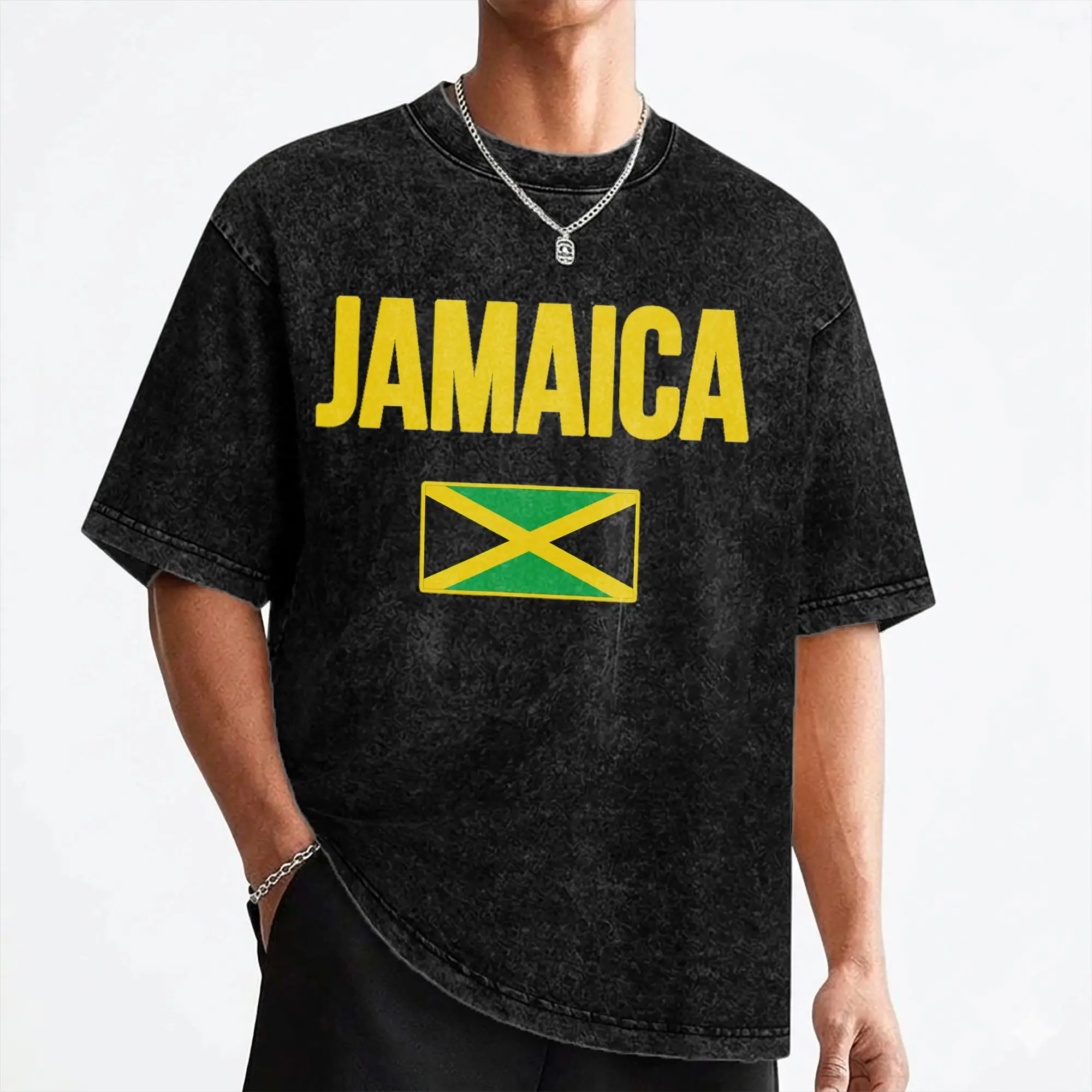 Jamaica Flag Jamaican T Shirt Washed Short Sleeve Harajuku T-Shirts  Retro for Men Women Streetwear Summer Tops Tees