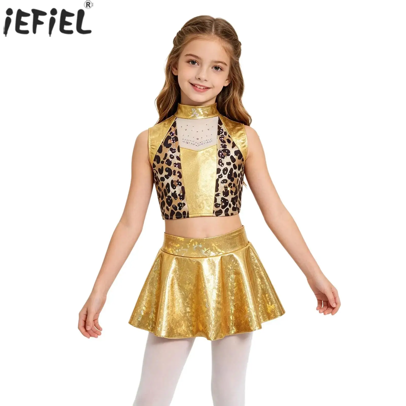 Girls Metallic Gloss Jazz Dance Outfit Sparkly Sparkly Sleeveless Crop Top with Skirt Leotard for Figure Skating Cheerleading