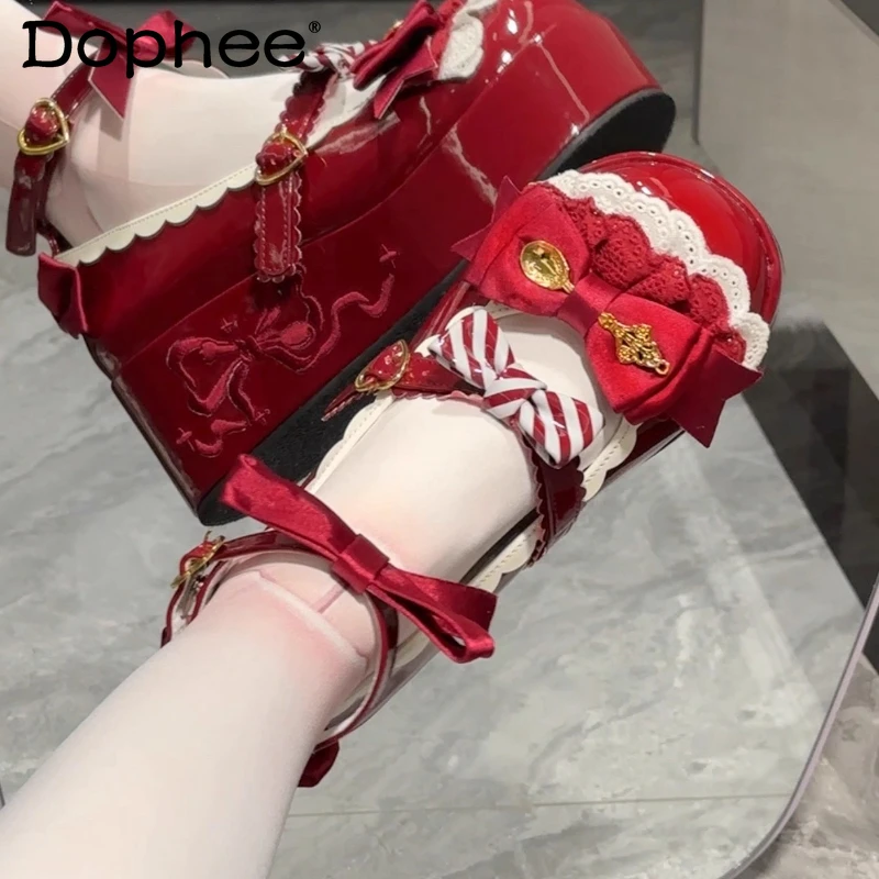 

Original Lolita Red Platform Shoes Spring and Autumn New Girls' Sweet Elegant Cute Bow Mary Jane Shoes Women Thick Sole Shoes