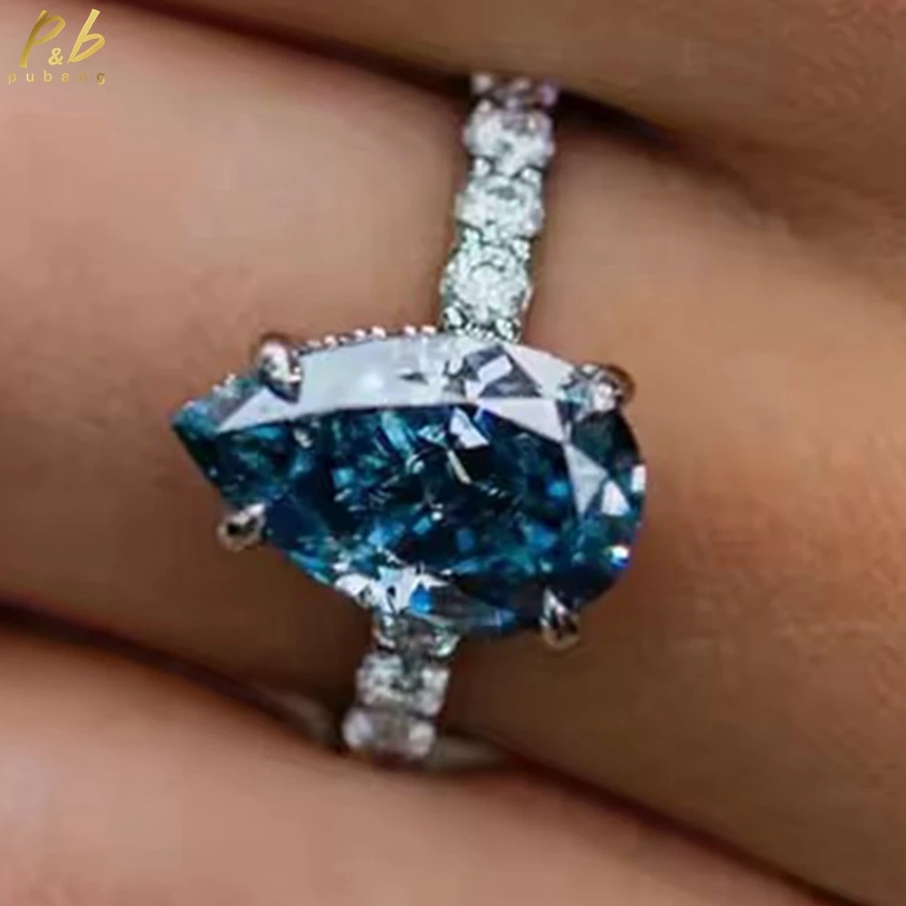 

PuBang Sparkling VVS1 3EX Colorful 5.2 Carat Real Moissanite Gemstone Ring for Women Pear Cut Solid Gold 14k Half Eternity Band
