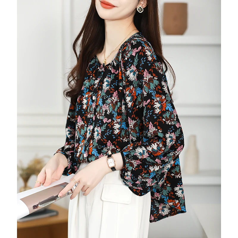 Women Spring Fashion Loose Sweet Floral O-neck Pullover Long Sleeve Shirts Women Clothes Casual All-match Office Lady Trend Tops