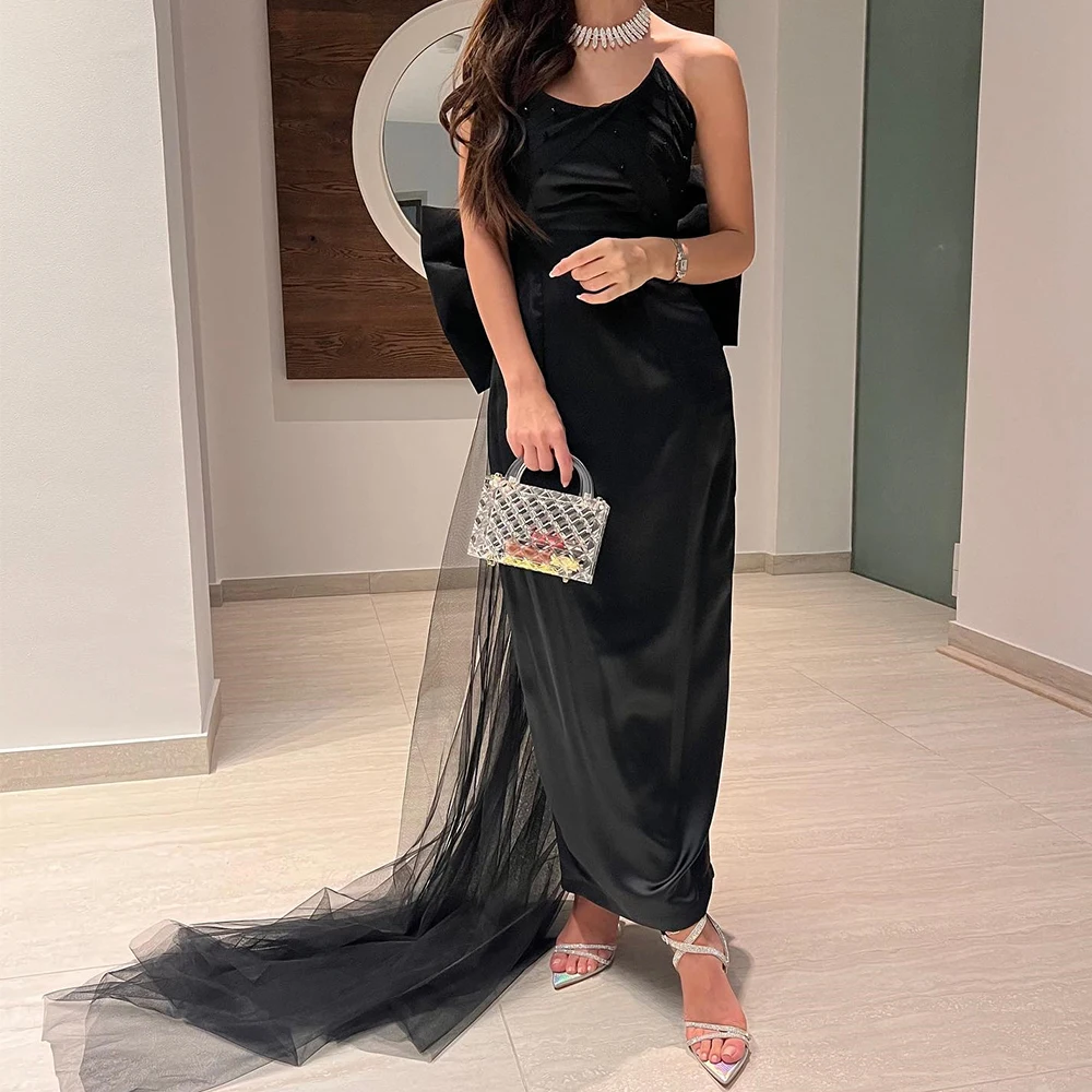 Black Ankle Length Formal Evening Dress with Bow Panel Train Classic Strapless Satin Prom Gowns High Quality Celebrity Dress