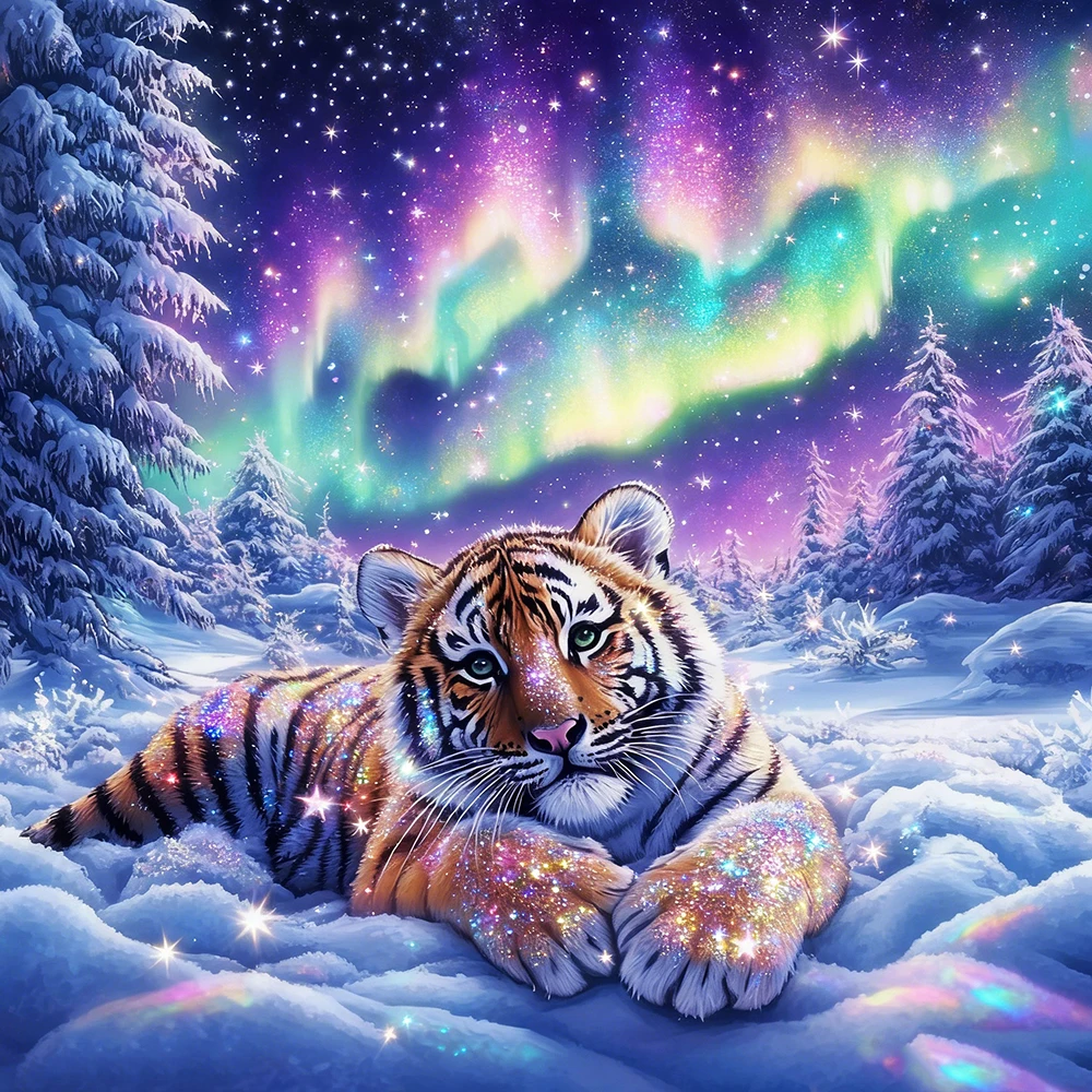 

EverShine Diamond Painting Tiger Animal 5D Full Drill Embroidery Aurora DIY Mosaic Winter Snow Decor For Home Christmas Gift
