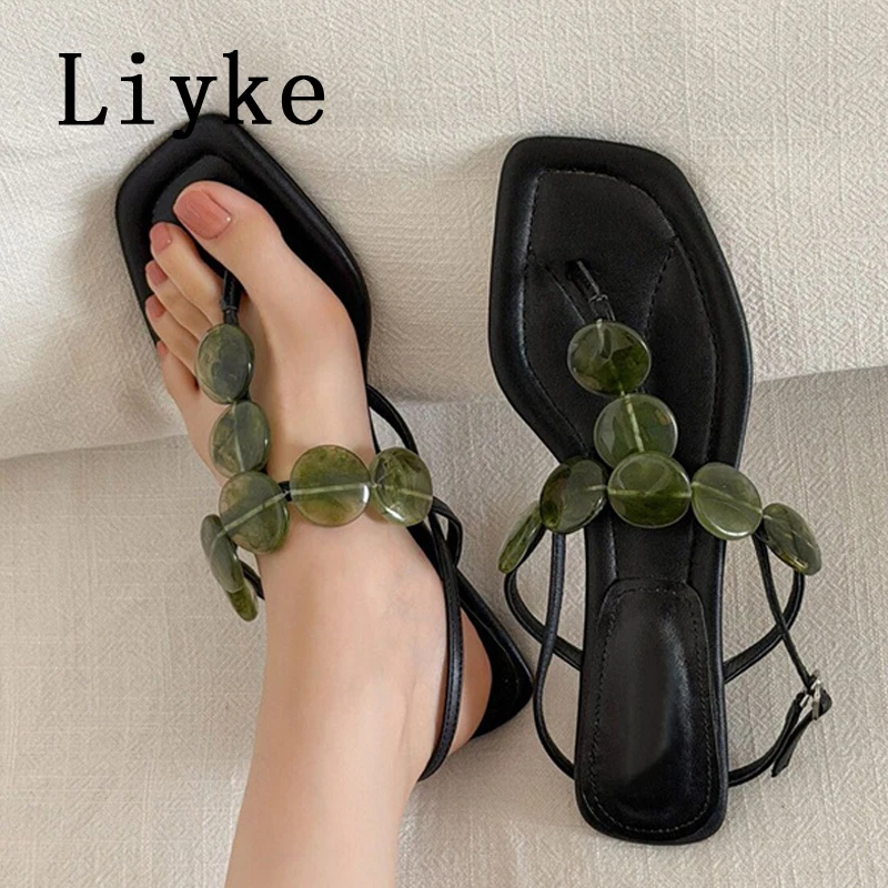Liyke Roma Style Gladiator Sandals Women Summer Fashion Shell Strap Strap Clip Toe Casual Flat Shoes Beach Flip Flops Sandalias