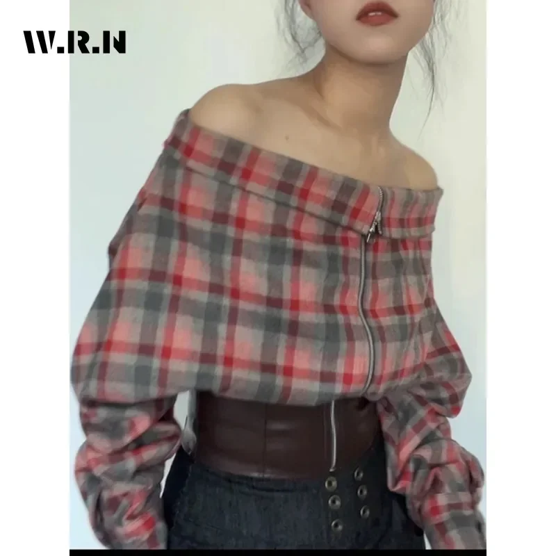 Sexy Casual Plaid Patchwork Long Sleeve Slash Neck Slim T-Shirts Women's Hotsweet Club Zipper Sheath Coquette Tees Leather Top