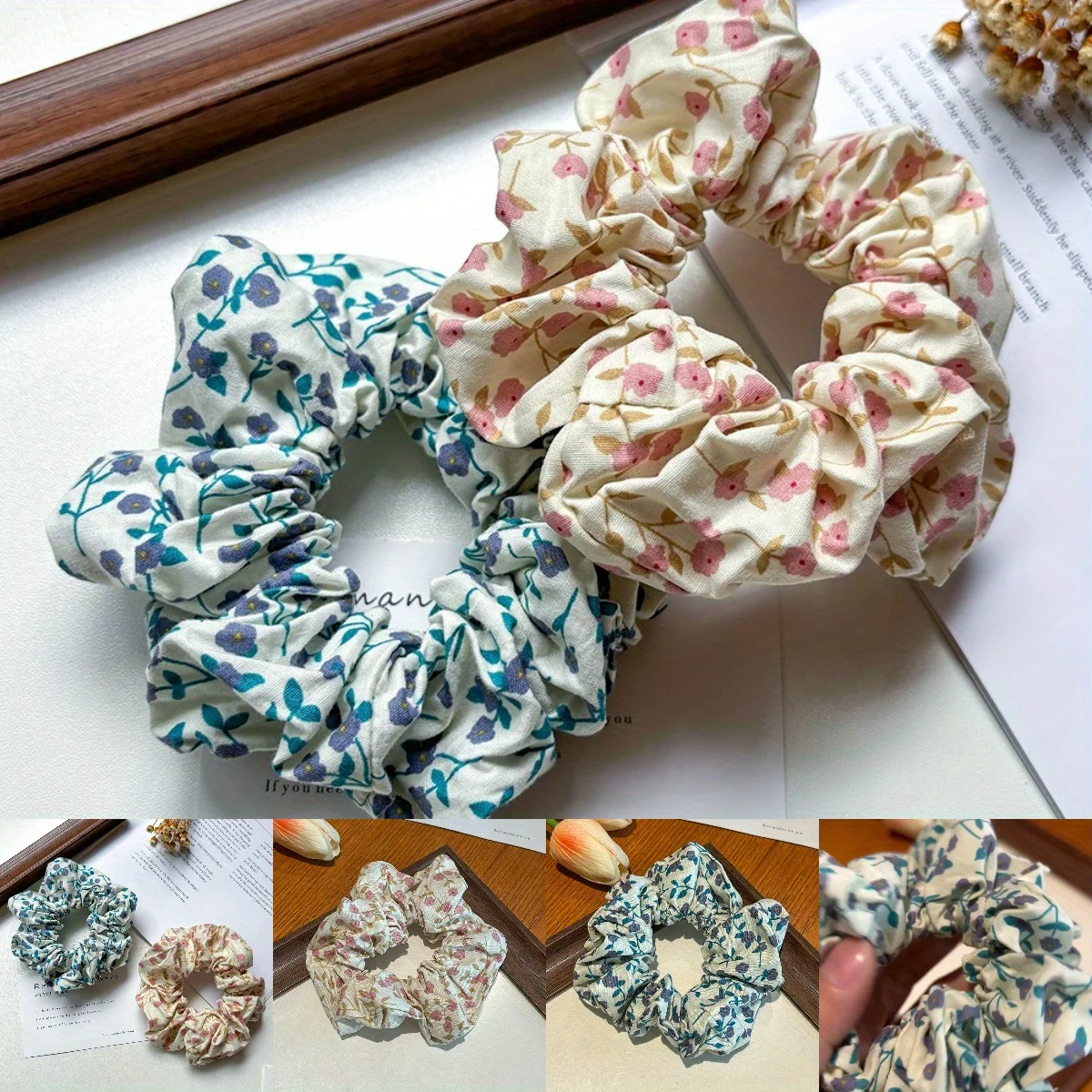 

Floral Print Scrunchy Hair Tie Blue Purple Flowers Elastic Hair Band for Women Girls Boho Bun Maker Ponytail Holder Accessories