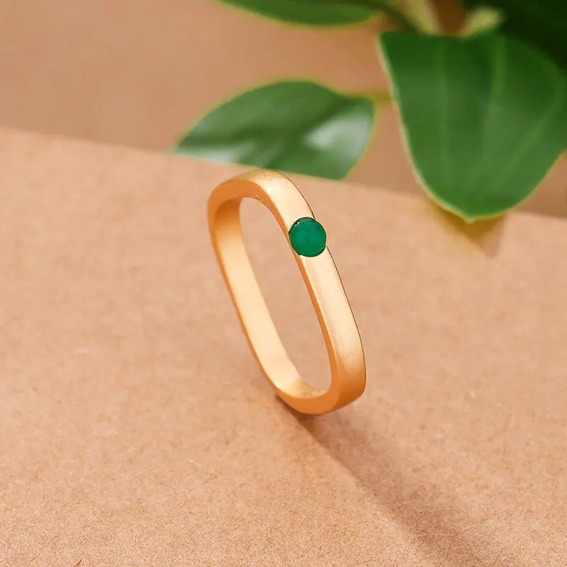 Ancient gold craft square green rings for women Simple and unique design inlaid with natural Hotan Jade fashion jewelry gift