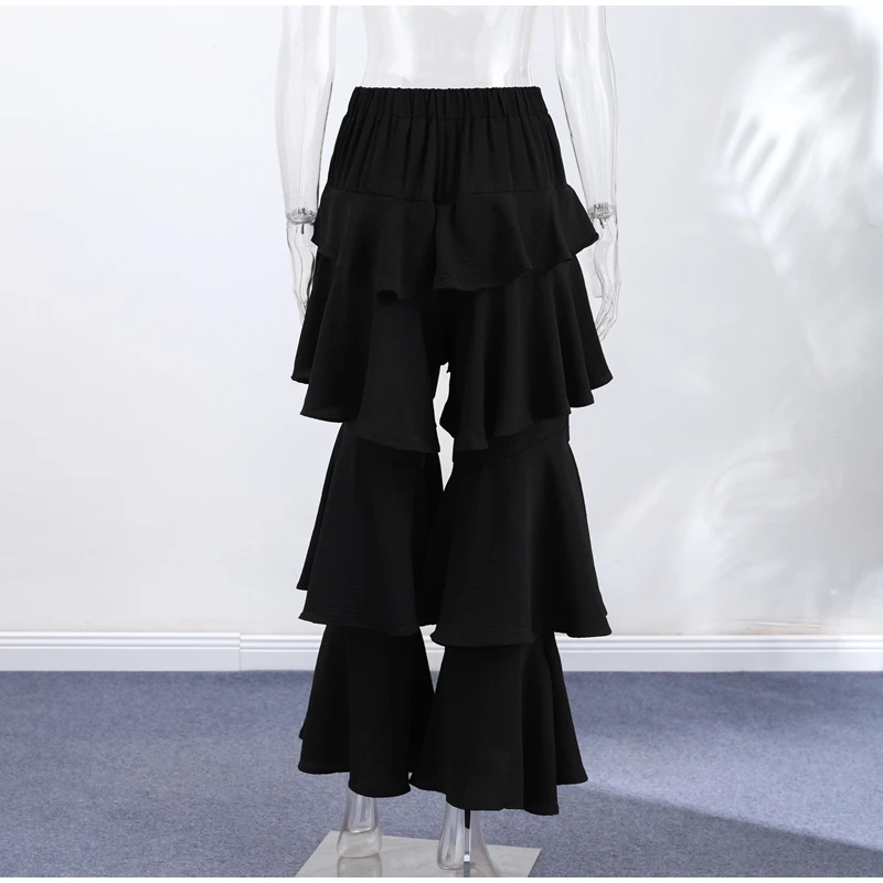 Chic Women's Solid Cascading Ruffles Flare Pants Chiffon High Waist Female Black Trousers 2026 Summer Lady All-match Trouser New