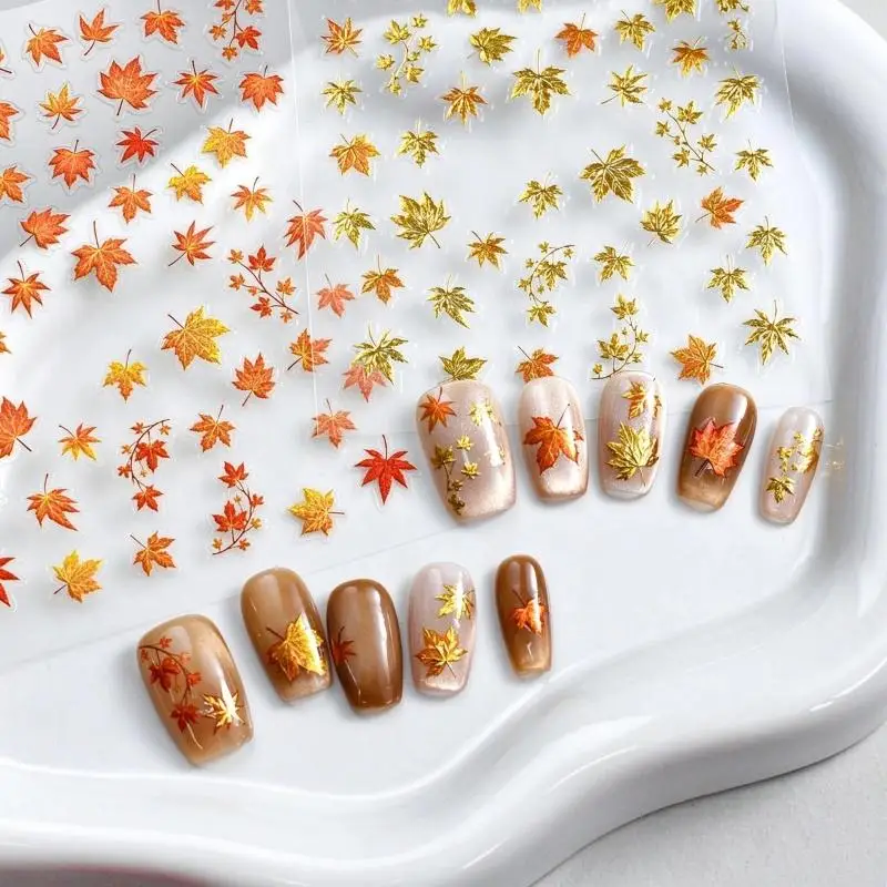 1 Sheet 5D Embossed Fall‑themed Stickers Autumn Gold Red Leaf Nail Decals Self‑Adhesive Delicate Manicure Accessories