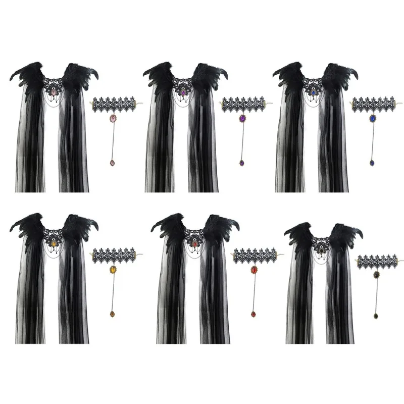 เสื้อคลุมฮาโลวีนปี 2025 สีดำ แต่งขนนก ผ้าตาข่าย กระโปรงยาวปานกลาง พร้อมเครื่องประดับกำไลข้อมือ สำหรับงานปาร์ตี้ เต้นรำบนเวที