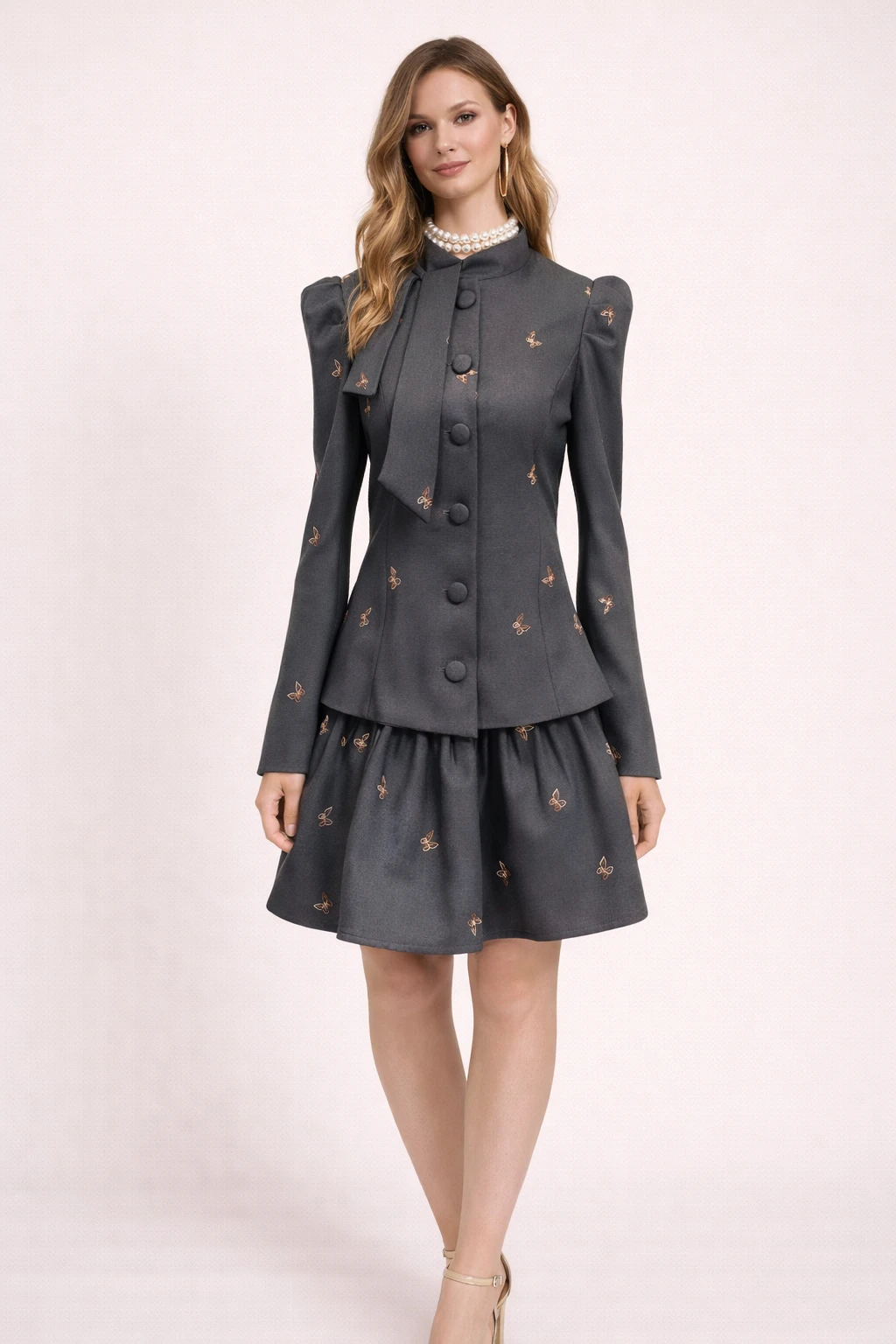 

Women Luxury Designer 2 Piece Outfit Puff Sleeve Tie Neck Butterfly Embroidery Jacket High Waist Flared Skort Party Clubwear