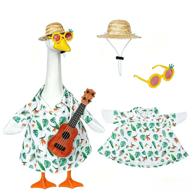 Tropical Leaf Print Porch Goose Set with Straw Hat, Sunglasses & Ukulele, Fits 23 Inch Porch Goose Statue, Summer Yard Decor