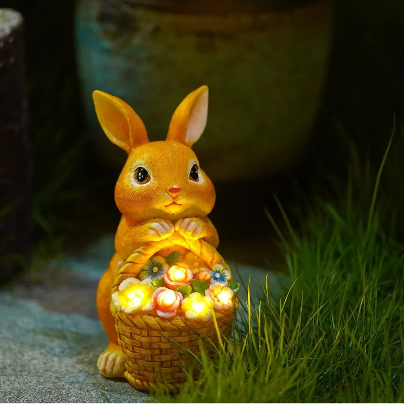 Solar Garden Statues Rabbit & Flowers Decor Outdoor Indoor with LED Light Mothers Day Gardening Gifts Bunny Lawn Statue Ornament