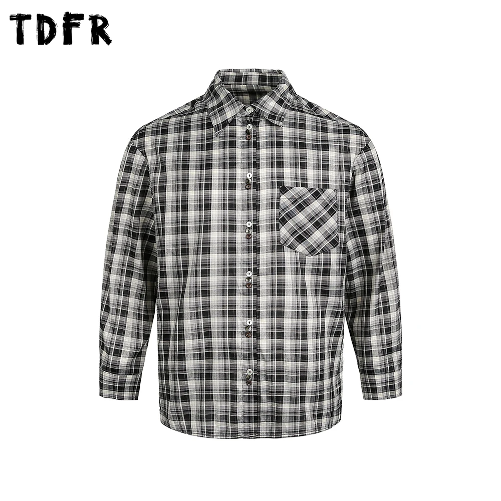

Retro Plaid Long Sleeve Shirts Mens Split-Hem Autumn Casual Loose Pocket Lapel Single Breasted Shirts Man