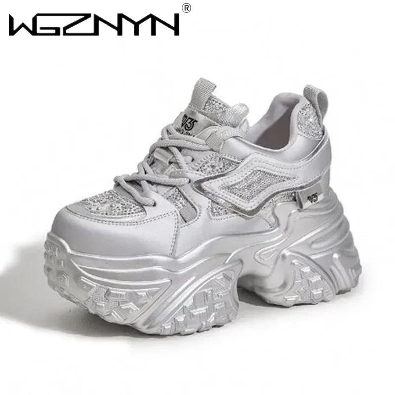 Spring Synthetic Genuine Leather 10cm Chunky Sneakers Women Comfortable Vulcanize Shoes NEW Bling Autumn Boots Mixed Color Shoes