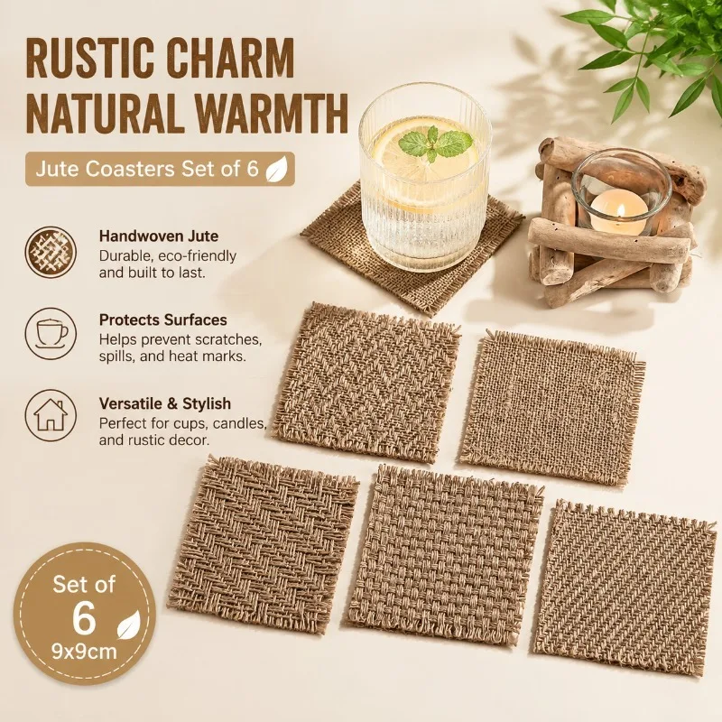Jute Coasters Set of 6, 9x9cm Handwoven Macrame Cup Coasters, Rustic Farmhouse Decor for Candle Holders and Photography Props