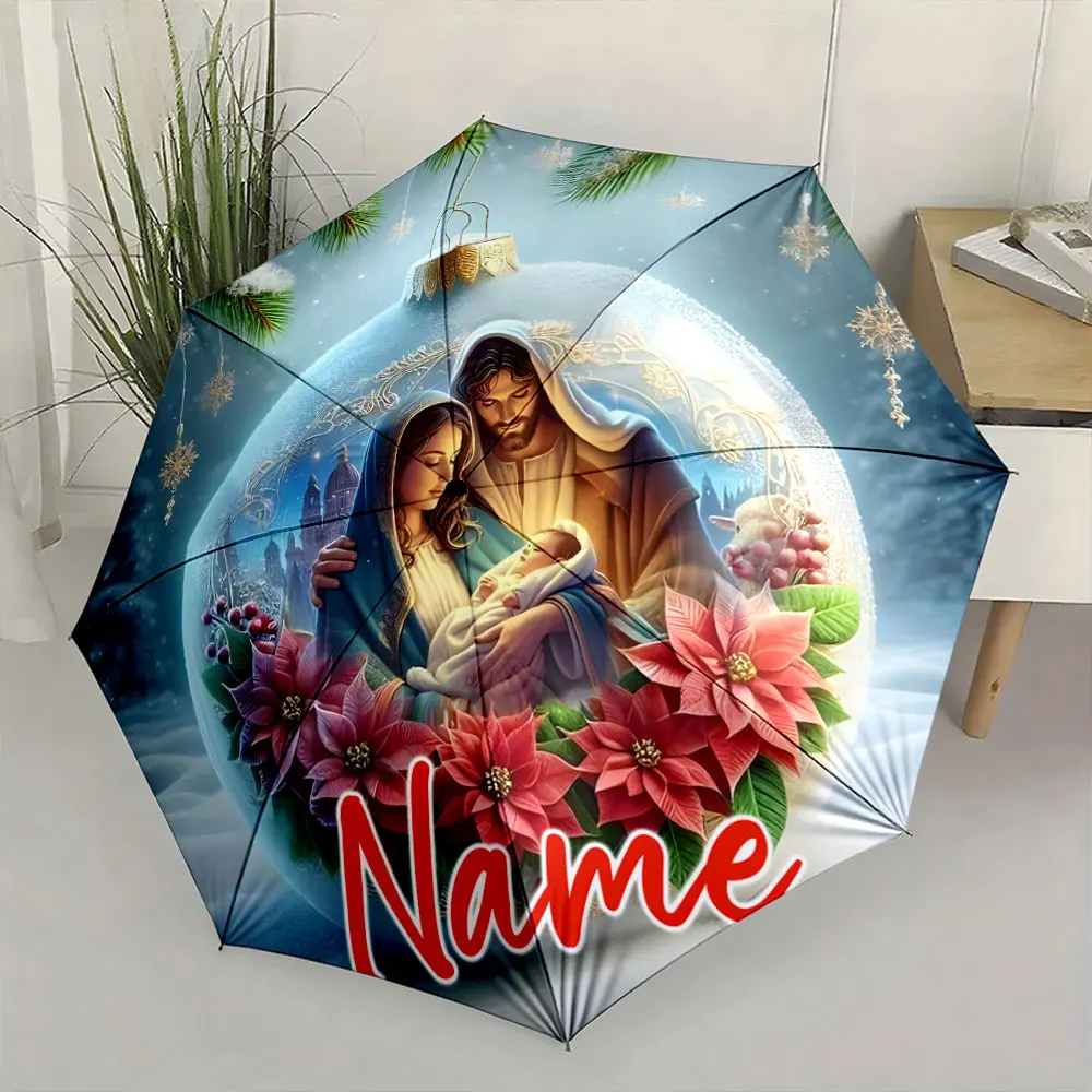 Custom Name Nativity-Themed Umbrella with Festive Floral Design Print 8 Iron Ribs Folding Umbrella, Auto-Open Fashion Sunshade