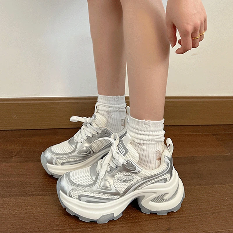 Summer Style Mesh Breathable Thick Sole Increased Leather Casual Sports Shoes Casual Shoes For Women Casual Platform Sneakers