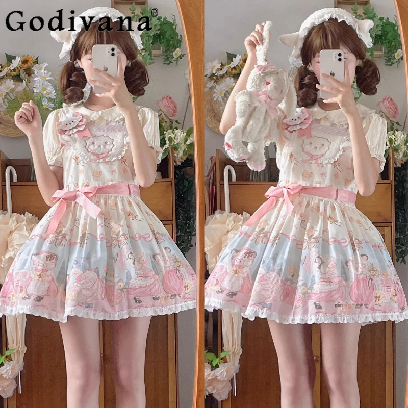

Original Japanese Lolita Style Kawaii Mini Dress Summer New Sweet Girls Cute Printed Bow Suspender Dress Jsk Women's Strap Dress