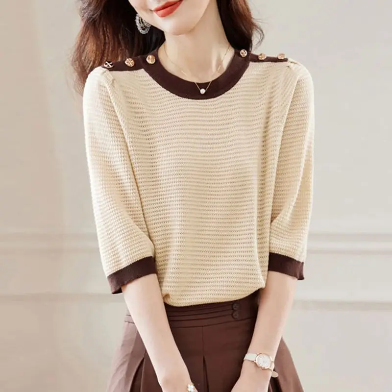 Elegant O-Neck Button Knitted Spliced All-match Blouses Women's Clothing 2024 Autumn New Loose Chic Tops Office Lady Shirts