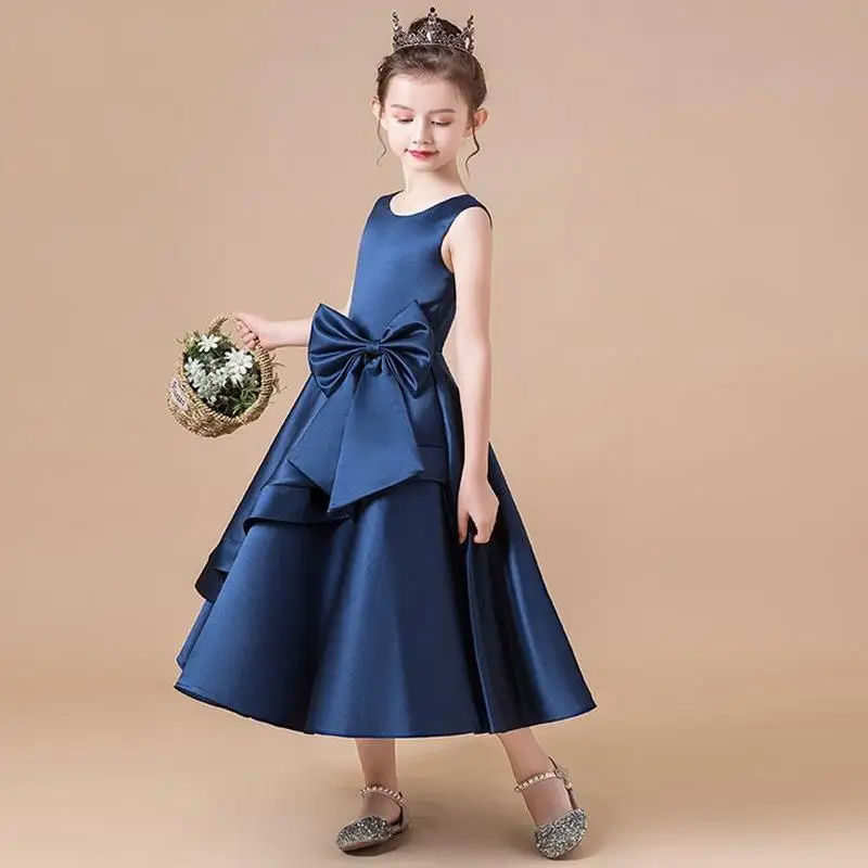 2024 Summer Girl Dresses Solid Color Satin Evening Dress Piano Competition Costume Birthday Party Elegant Princess Clothing