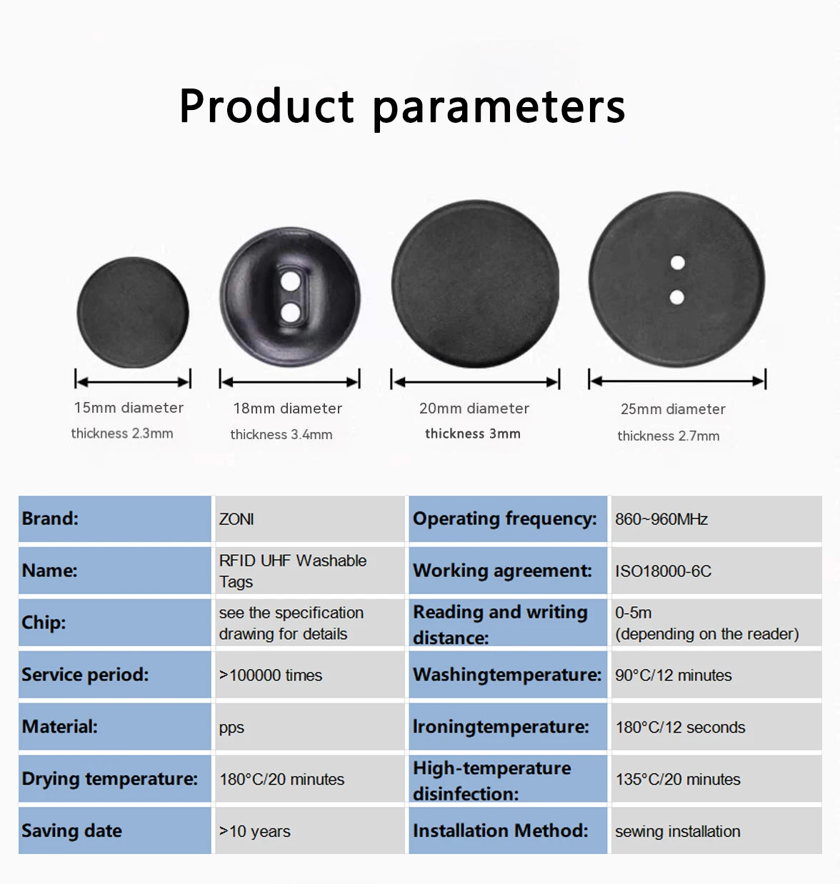 의류 추적 860-960MHz를 위한 고온 방지 세탁 가능 부직포/실리콘 소재가 있는 10pcs UHF RFID 세탁 태그