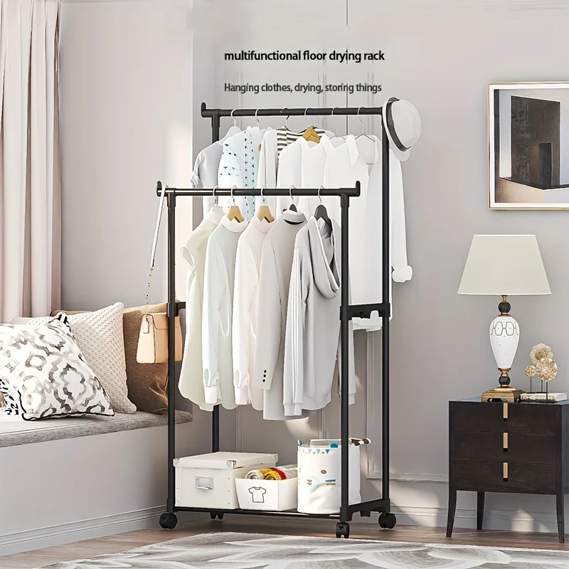 

Double Rod Coat Rack Bedroom Movable Clothing Shelf Simple Floor Standing Bedroom Clothes Racks Shoe And Hat Integrated Shelf