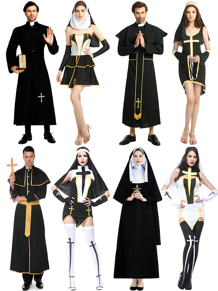 

Adult Men's loween Nun Costume Cosplay Priest Father Performance Outfit Teaching Missionary Clergyman Suit Polyester Fiber