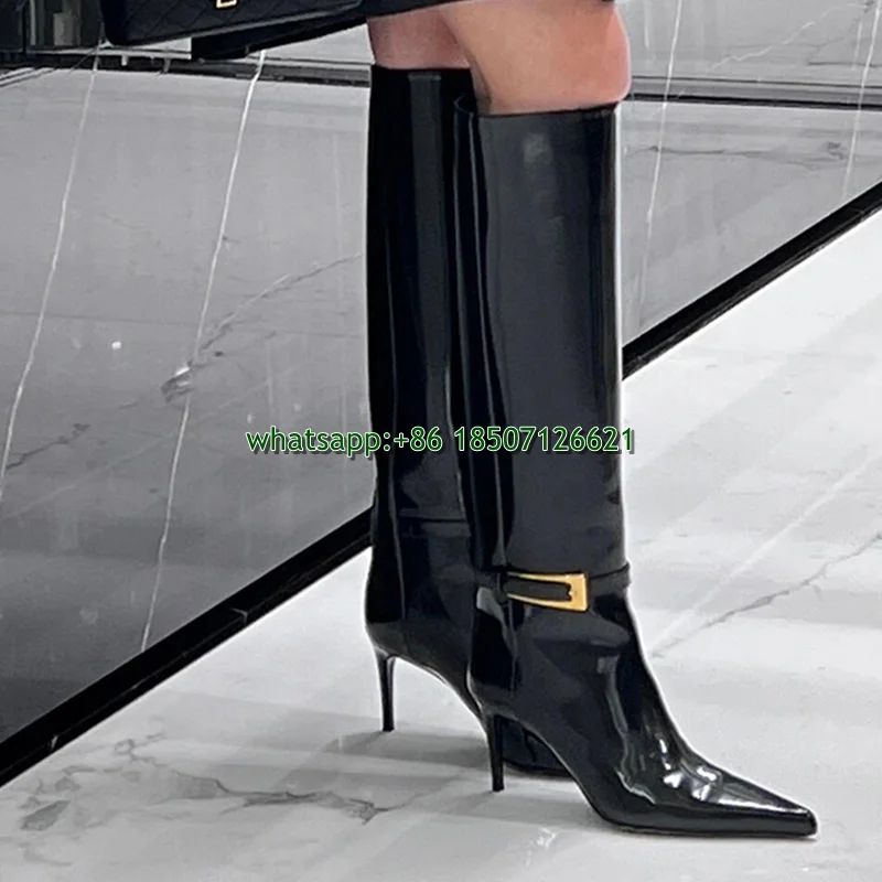 Pointed Buckle Decorated Patent Leather Knee-High Boots Solid Color Shiny Simple Stiletto Large Size Long Boots