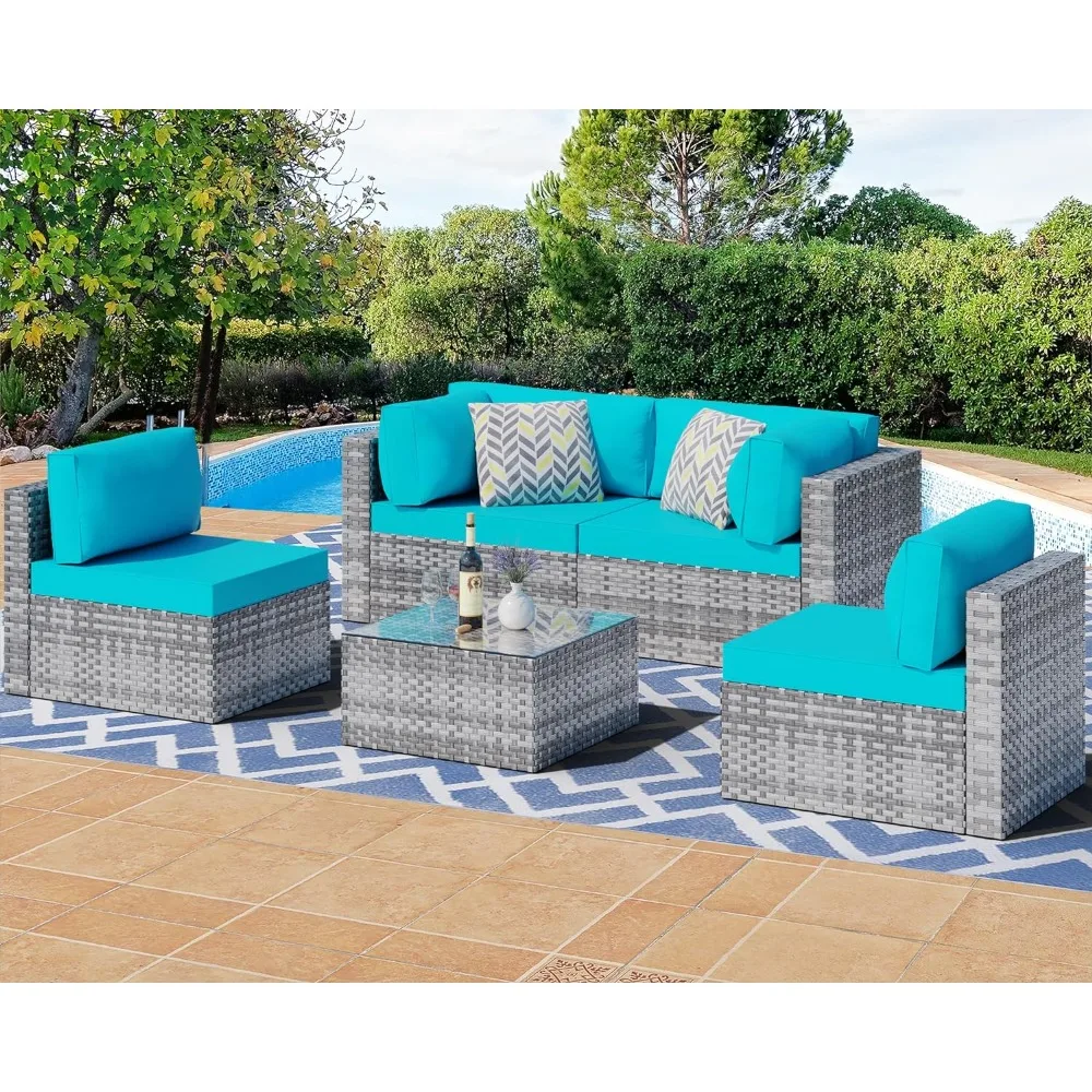 

5 Pieces Outdoor Patio Sectional Sofa Couch, Silver Gray PE Wicker Furniture Table for Garden, Poolside, Backyard (Blue)