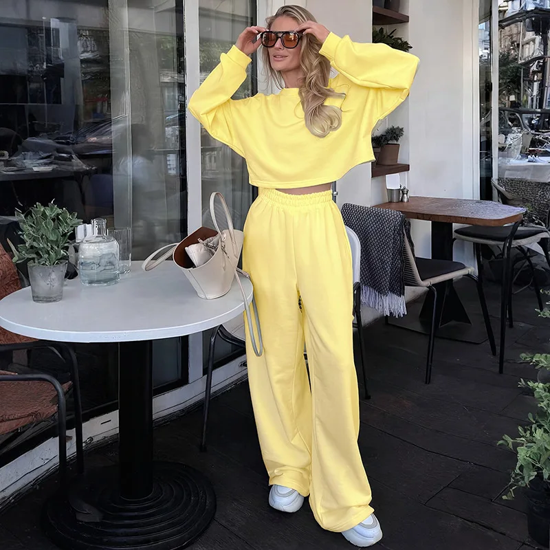 

Women Solid Simple Loose Casual 2 Piece Set O Neck Long Sleeeve Pullover Sweatshirts Crop Top + Wide Leg Pants Streetwear Suits